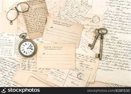 old letters and postcards, antique accessories. nostalgic sentimental background. ephemera