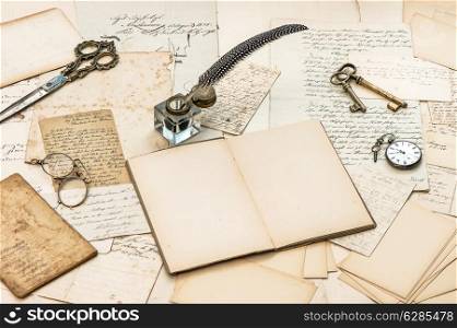 old letters and postcards, vintage accessories and handwriting. retro style nostalgic background