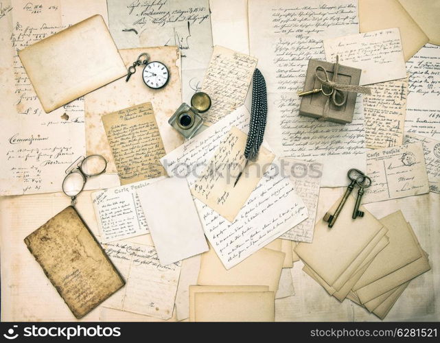 old letters and postcards, vintage accessory and antique book. retro style nostalgic background. top view