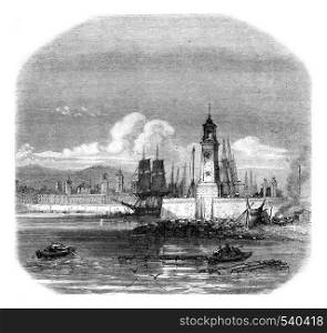 Old lighthouse of the port of Barcelona, vintage engraved illustration. Magasin Pittoresque 1857.