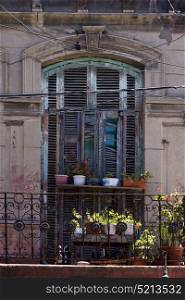 old little terrace blue green venetian blind and flower in the centre of buenos aires la boca argentina