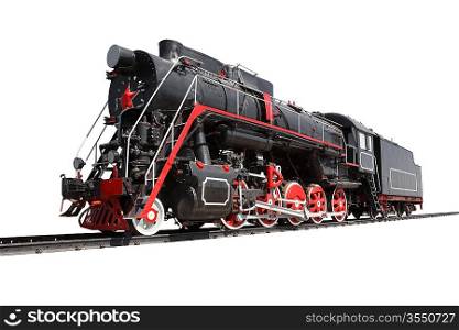 Old locomotive isolated with rails
