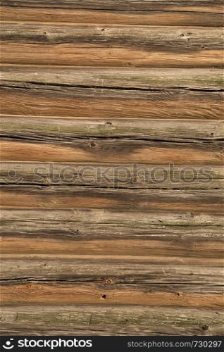 Old Log Cabin Wall Texture. Dark Rustic House Log Wall. Horizontal Timbered Background.