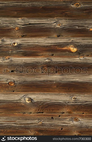 Old Log Cabin Wall Texture. Dark Rustic House Log Wall. Horizontal Timbered Background.