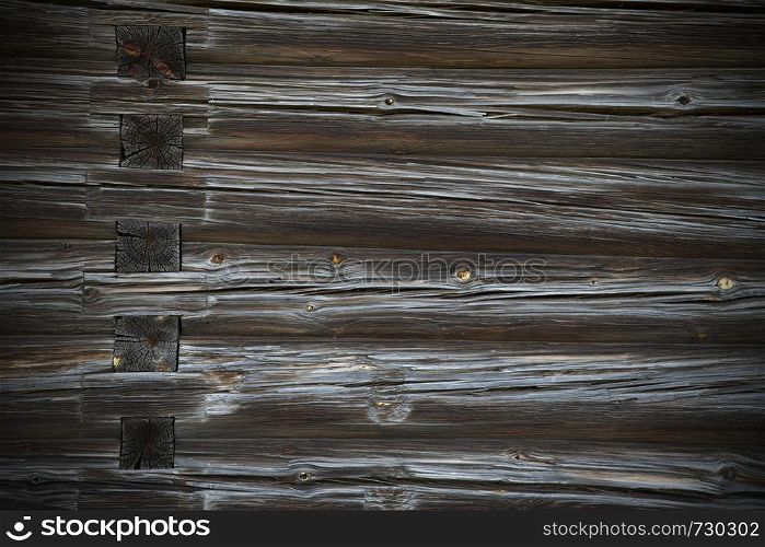 Old Log Cabin Wall Texture. Dark Rustic House Log Wall. Horizontal Timbered Background.