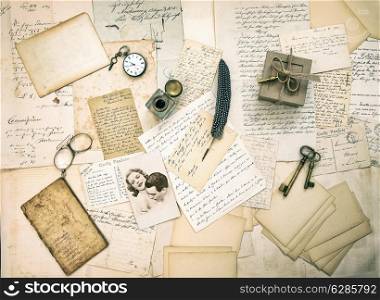 old love letters, postcards, antique accessories and vintage picture. sentimental retro style background