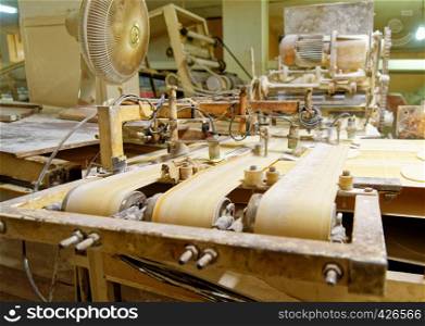 Old machine for the automatic production of Arab flatbread in the largest bread bakery of Akaba, Jordan, middle east
