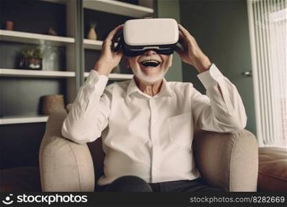 Old man happy in vr glasses. Happy game. Fictional person. Generate Ai. Old man happy in vr glasses. Generate Ai