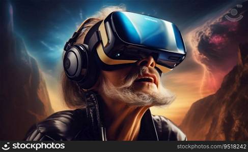 Old Man Immersed in a Surreal World with VR Headset. Generative ai. High quality illustration. Old Man Immersed in a Surreal World with VR Headset. Generative ai