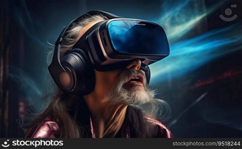 Old Man Immersed in a Surreal World with VR Headset. Generative ai. High quality illustration. Old Man Immersed in a Surreal World with VR Headset. Generative ai