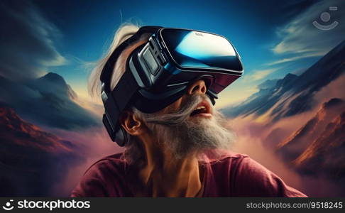 Old Man Immersed in a Surreal World with VR Headset. Generative ai. High quality illustration. Old Man Immersed in a Surreal World with VR Headset. Generative ai