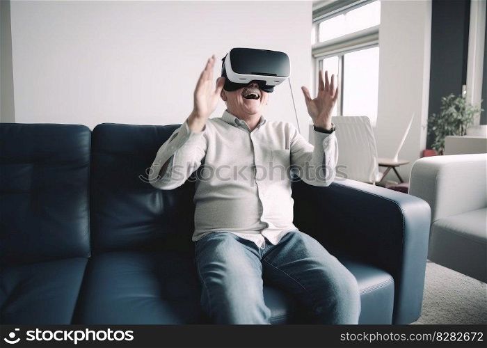 Old man in vr headset. Virtual reality. Fictional person. Generate Ai. Old man in vr headset. Generate Ai