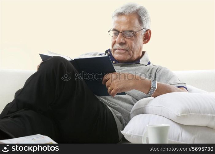Old man reading a book on a sofa