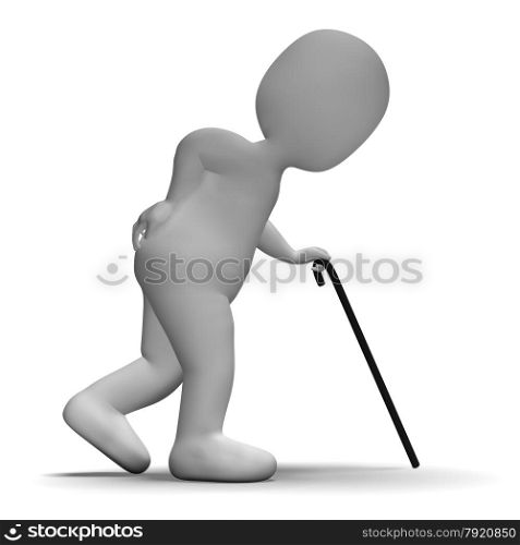 Old Man With Walking Stick Showing Aged 3d Character. Old Man With Walking Stick Shows Aged 3d Character