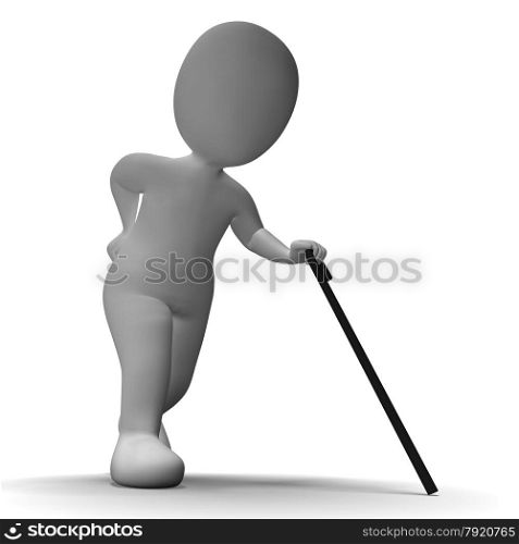 Old Man With Walking Stick Shows Aged 3d Character. Old Man With Walking Stick Showing Aged 3d Character