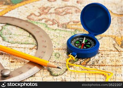 old map and compass, still life
