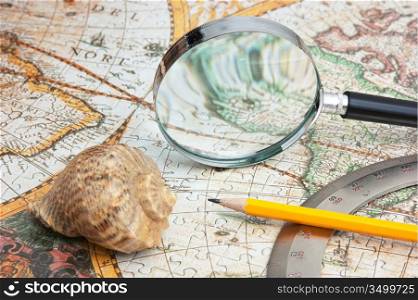 old map and shell, still life