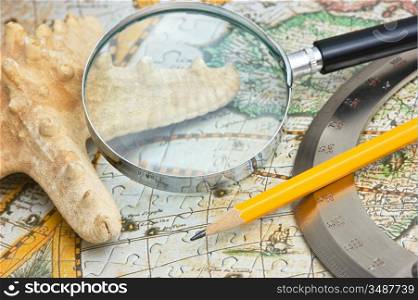 old map and starfish, still life
