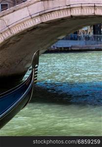 Old Marble Bridge and Close up of Gondola&rsquo;s Iron Prow in Venice