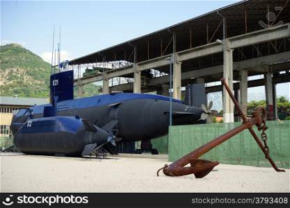 Old marine submarine and anchor near Tivat maritime museum, Montenegro
