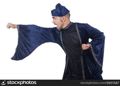 Old martial arts master in blue kimono on white