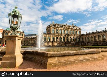 Old masters gallery and museums, Dresdner Zwinger, facade view. Late Baroque and neo-Renaissance architectural complex with internal garden. Old masters gallery, Dresdner Zwinger, facade view