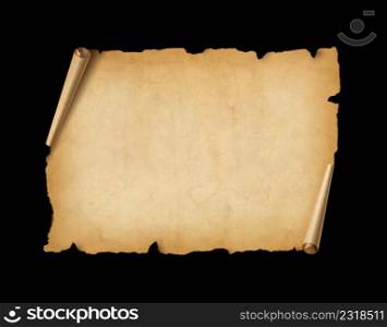 Old mediaeval paper sheet. Horizontal parchment scroll isolated on black background. Old mediaeval paper sheet. Horizontal parchment scroll isolated on black