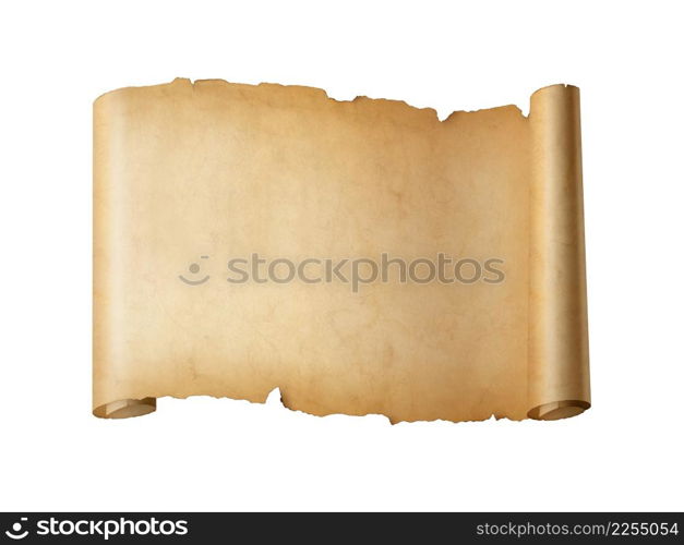 Old mediaeval paper sheet. Horizontal parchment scroll isolated on white background. Old mediaeval paper sheet. Horizontal parchment scroll isolated on white