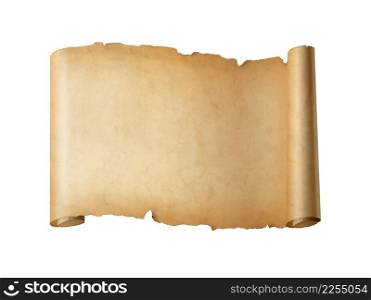 Old mediaeval paper sheet. Horizontal parchment scroll isolated on white background. Old mediaeval paper sheet. Horizontal parchment scroll isolated on white