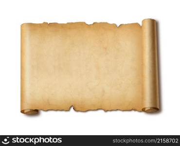 Old mediaeval paper sheet. Horizontal parchment scroll isolated on white background with shadow. Old mediaeval paper sheet. Horizontal parchment scroll isolated on white with shadow
