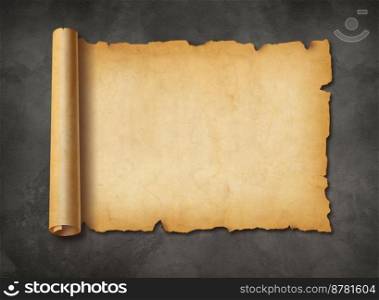 Old mediaeval paper sheet. Horizontal parchment scroll on a concrete wall background. Old mediaeval paper sheet. Horizontal parchment scroll on a concrete wall