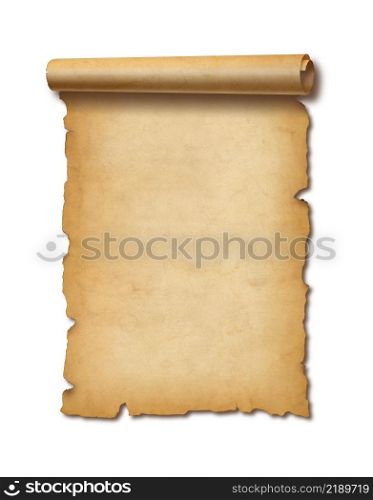Old mediaeval paper sheet. Parchment scroll isolated on white background with shadow. Old mediaeval paper sheet. Parchment scroll isolated on white with shadow