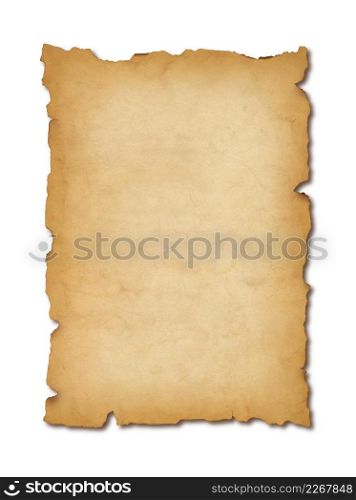 Old mediaeval paper sheet. Parchment scroll isolated on white background with shadow. Old mediaeval paper sheet. Parchment scroll isolated on white with shadow