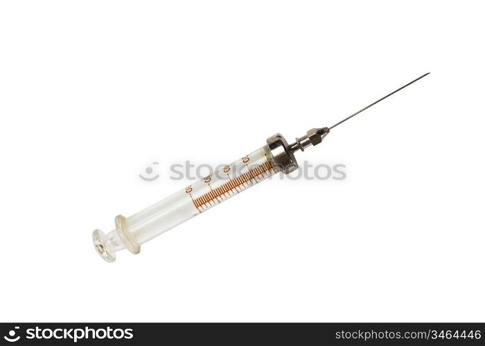 old medical syringe with a needle isolated on white