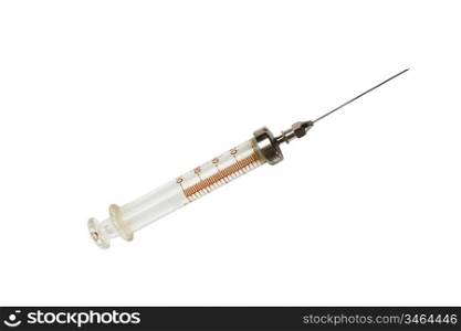 old medical syringe with a needle isolated on white