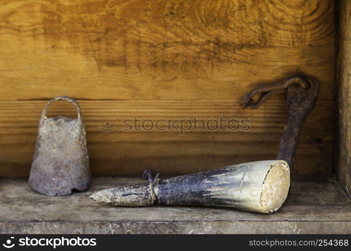 Old medieval animal horn for decoration, traditional object detail