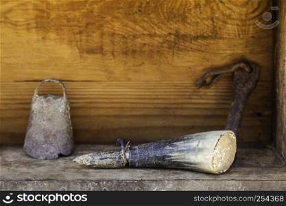 Old medieval animal horn for decoration, traditional object detail