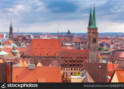 Old medieval buildings in the historical part of the city on a sunny day. Nuremberg. Bavaria. Germany.. Historical part of the old town of Nuremberg, Franconia, Germany.