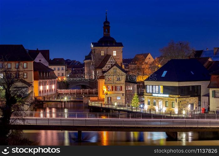 Old medieval houses on the canal at sunset. Bamberg. Germany. Bavaria. Bamberg. Old city in the night illumination.