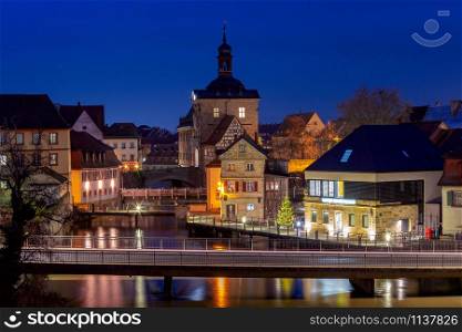 Old medieval houses on the canal at sunset. Bamberg. Germany. Bavaria. Bamberg. Old city in the night illumination.