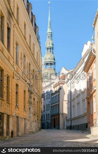 Old medieval street in the center of Riga.. Riga. Old street.