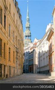 Old medieval street in the center of Riga.. Riga. Old street.
