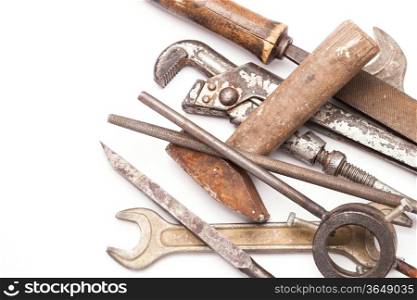 old metal work hand tools with rust on white background