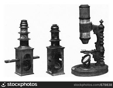 Old microscopes of the Germanic National Museum of Nuremberg, vintage engraved illustration. From the Universe and Humanity, 1910.