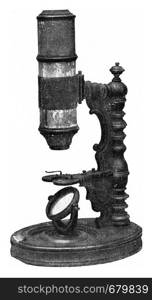 Old microscopes of the Germanic National Museum of Nuremberg, vintage engraved illustration. From the Universe and Humanity, 1910.
