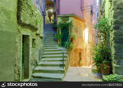 Old, narrow, medieval streets in the Italian village Vernazza at night. Cinque Terre National Park, Liguria, Italy.