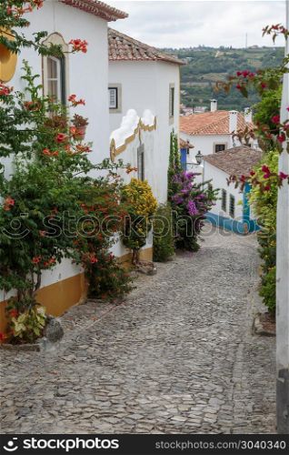 Old Narrow Street in Portuguese Town. Old Narrow Street with Stairs in Portuguese City. Old Narrow Street in Portuguese Town