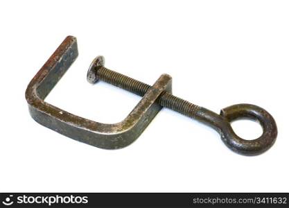Old obsolete iron C-clamp. Isolated on white.