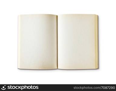 Old open blank book mockup, isolated on white. Top view. Old open blank book isolated on white