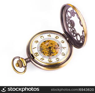 Old opened vintage clock on white background